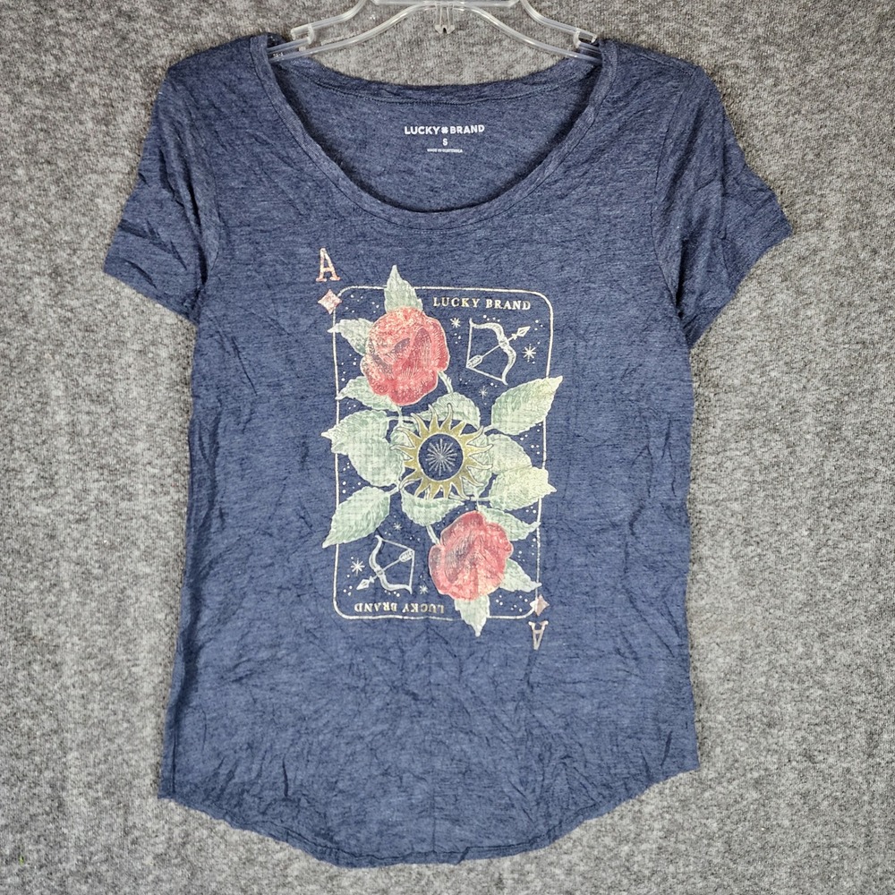 Lucky Brand Graphic Tee Womens S Ace Rose Playing Card Blue Short Sleeve EUC